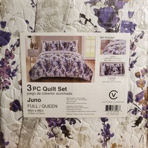 NWT GORGEOUS WHITE/GRAY/PURPLE FLORAL QUILT SET